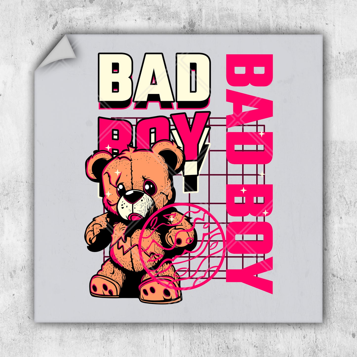 a picture of a teddy bear with the words bad boy on it