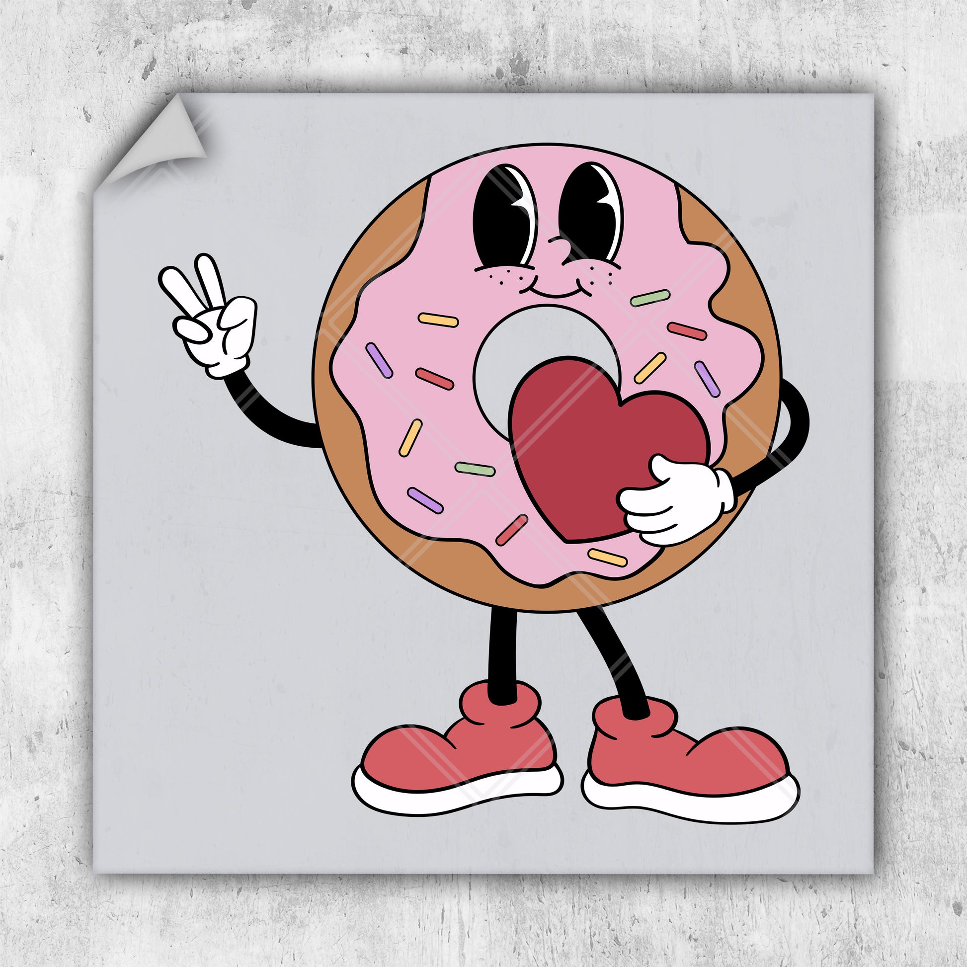 a cartoon donut character holding a heart