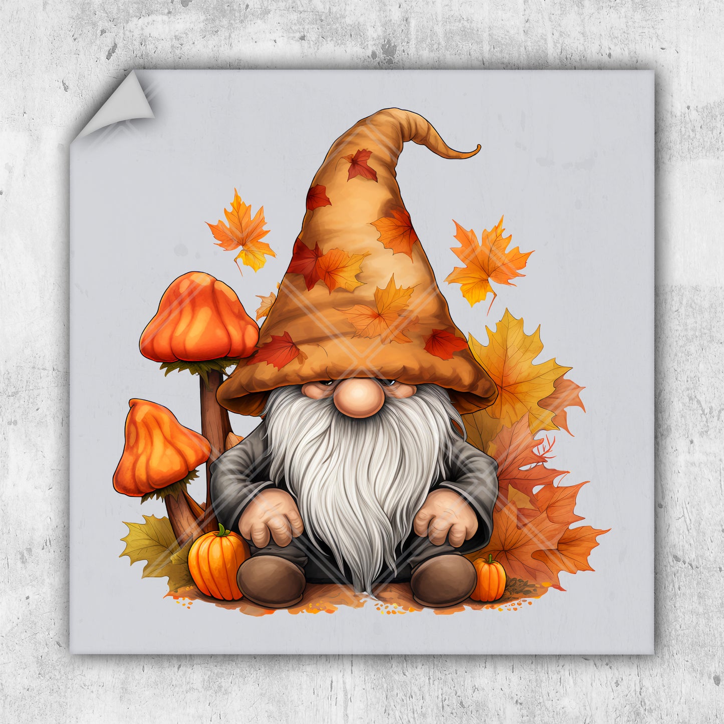 a picture of a gnome sitting in a pile of leaves