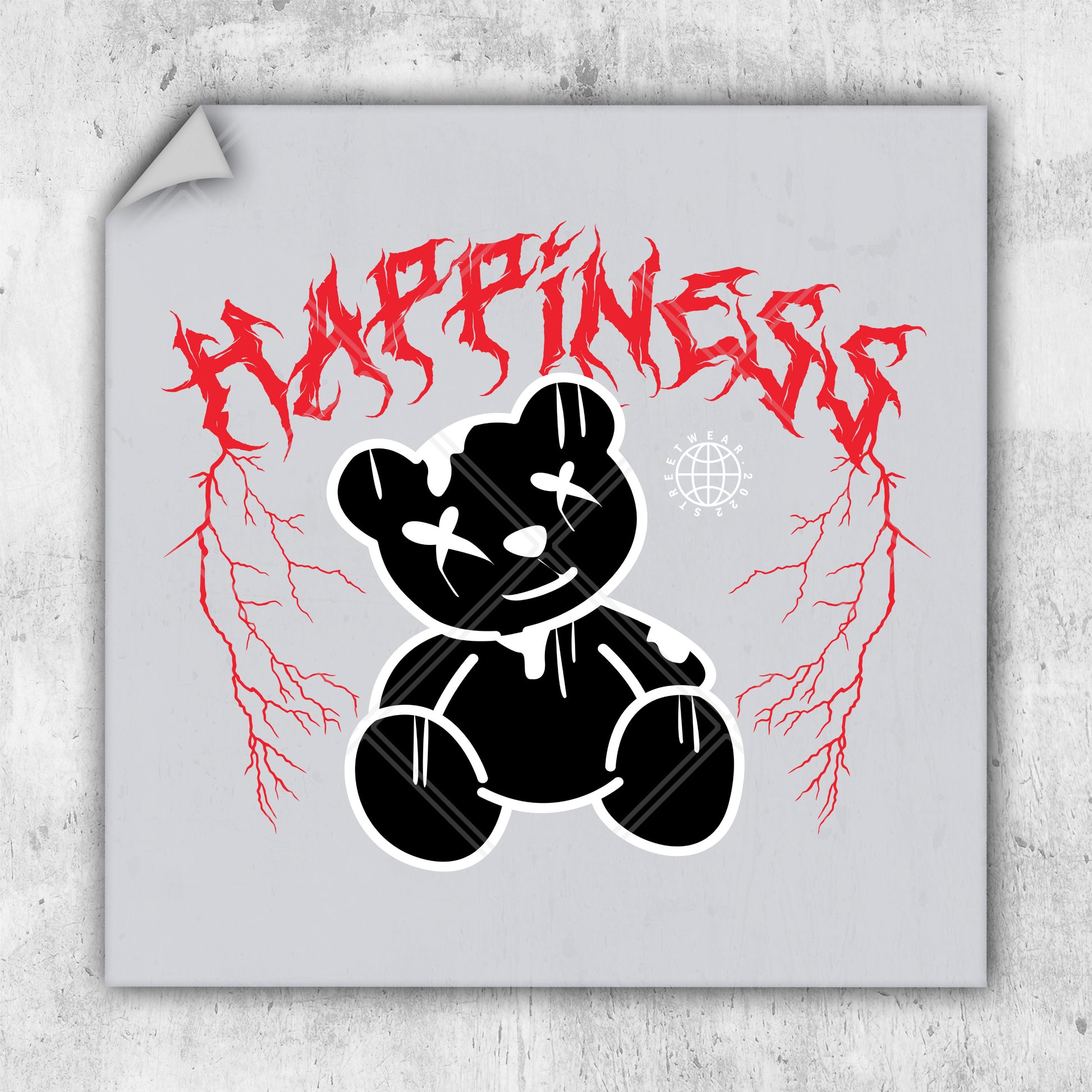 a sticker of a black teddy bear with red lettering