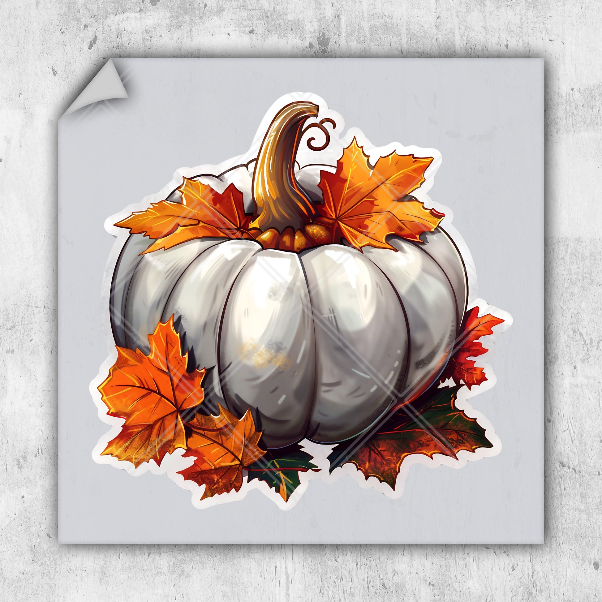 a sticker of a white pumpkin with orange leaves