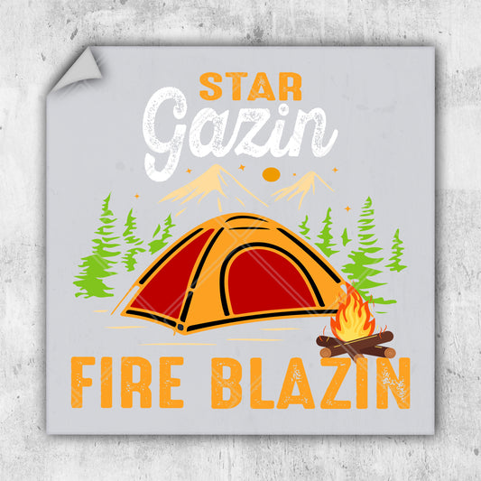 a picture of a campfire and a tent with the words star gazin