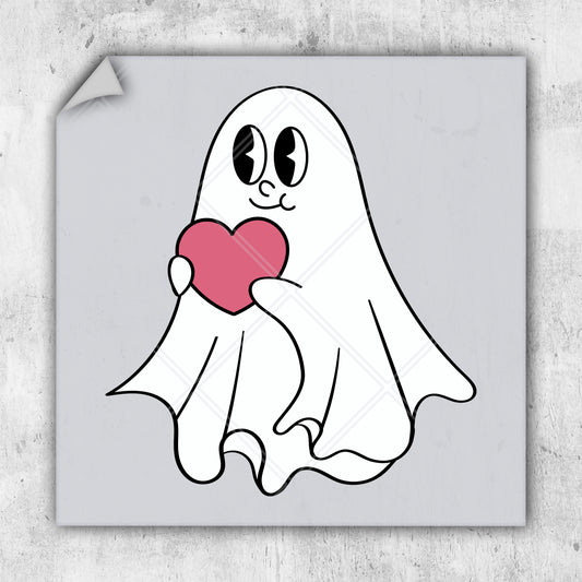 a sticker of a ghost holding a heart