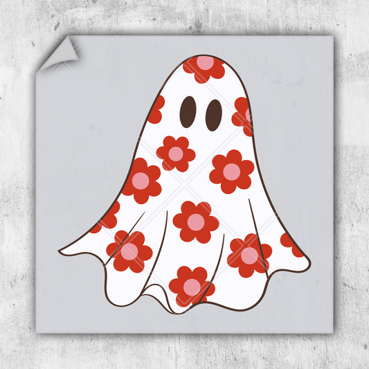 a sticker of a ghost with flowers on it