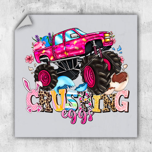 a pink monster truck with pink wheels on a gray background