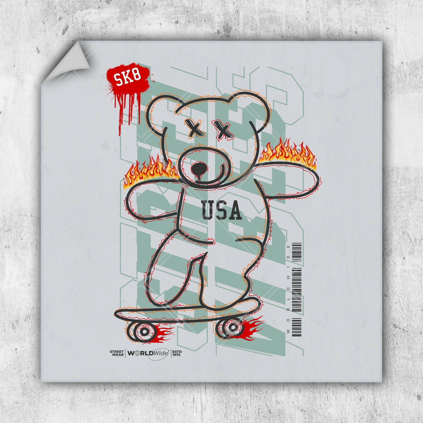 a drawing of a teddy bear on a skateboard