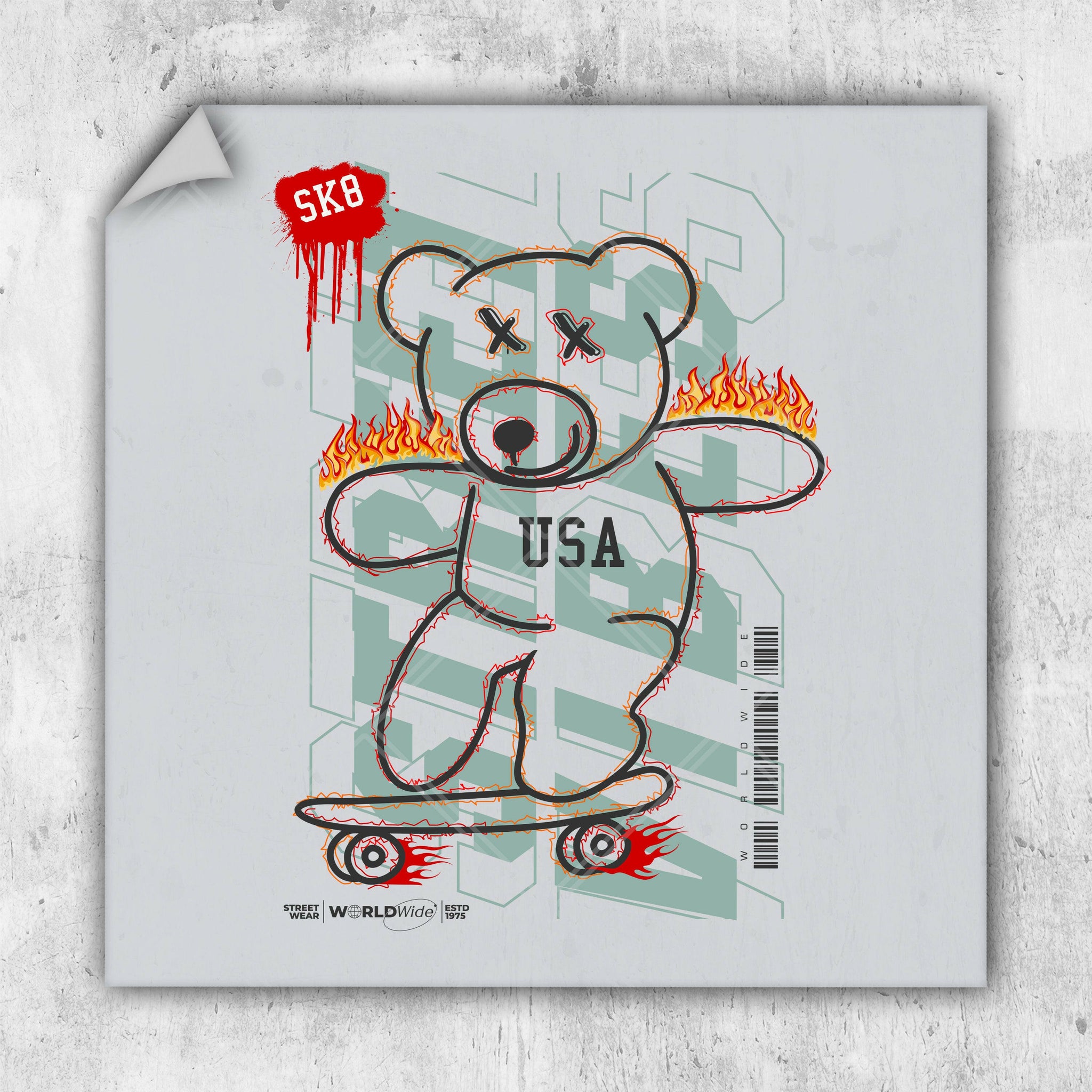 a drawing of a teddy bear on a skateboard