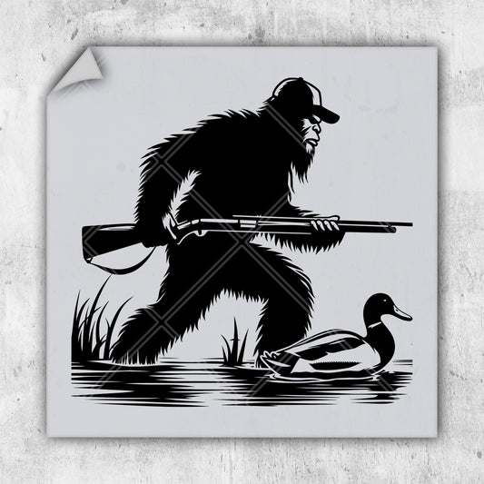 a black and white picture of a bigfoot and a duck