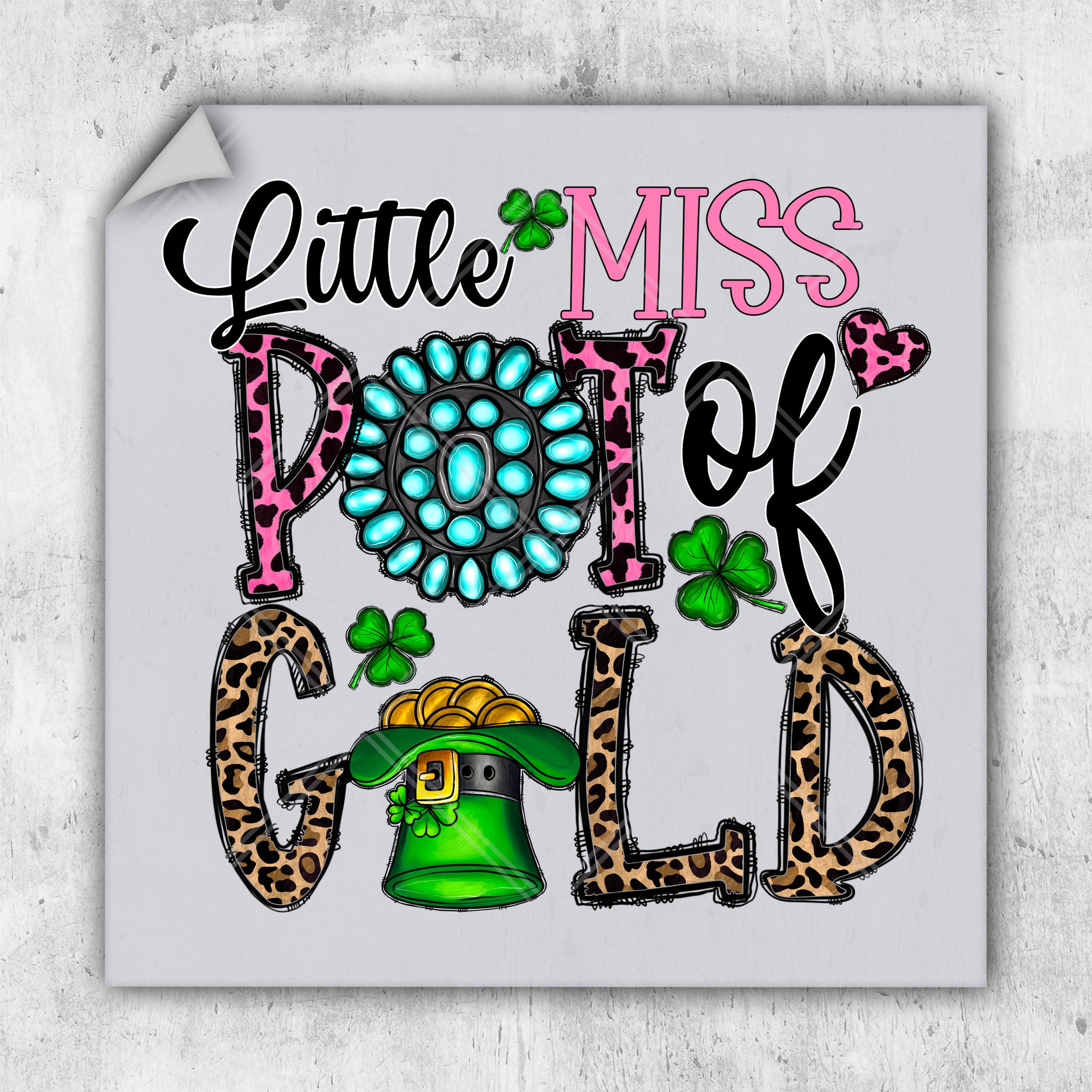 a st patrick's day postcard with a green hat and leopard print