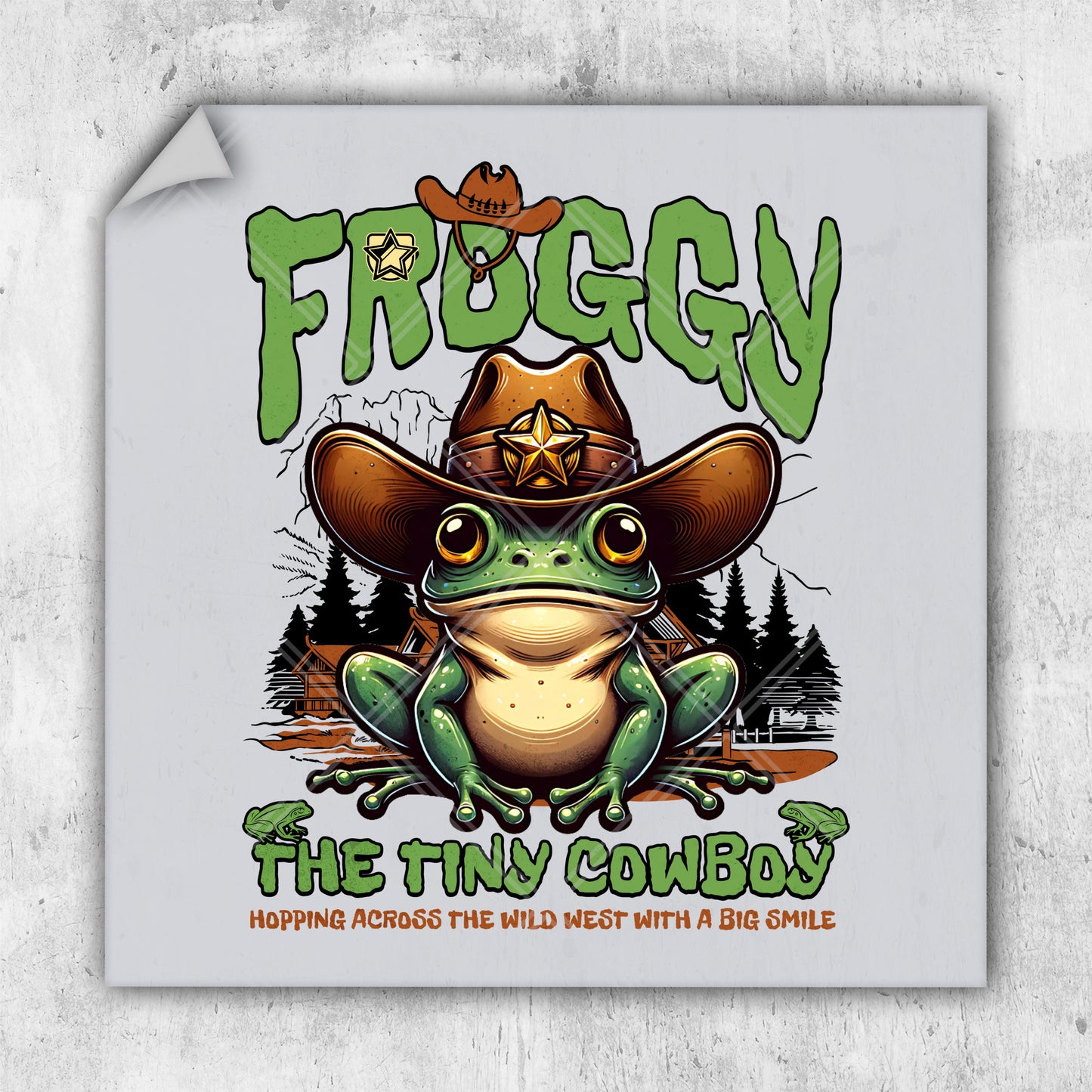 a frog wearing a cowboy hat with the words froggy on it