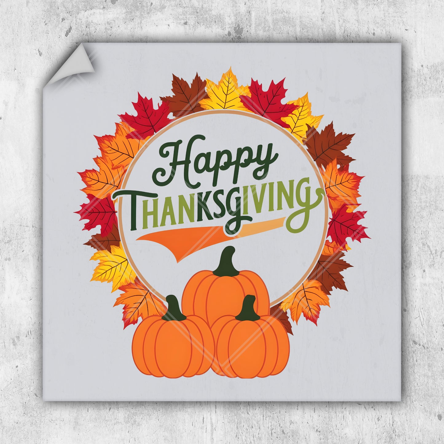 a happy thanksgiving card with pumpkins and leaves