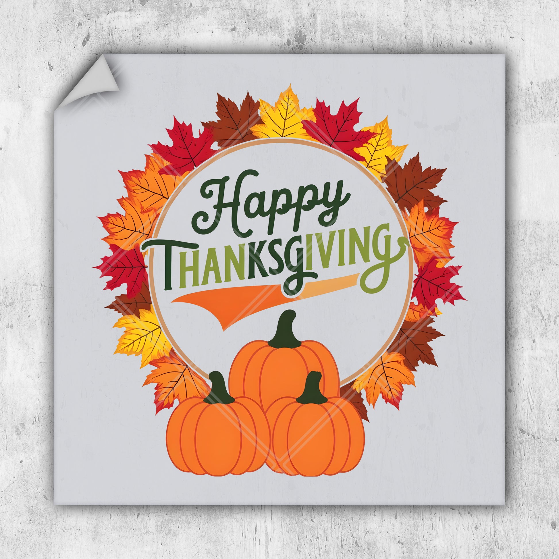 a happy thanksgiving card with pumpkins and leaves