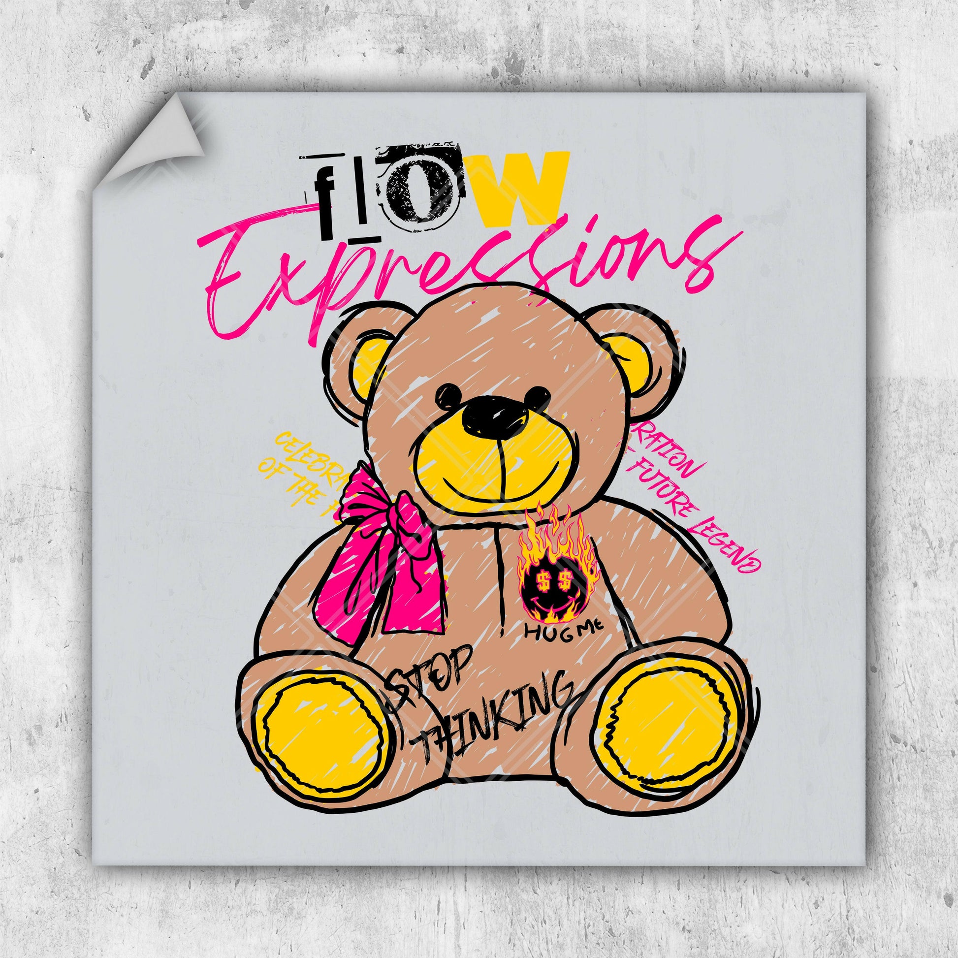 a drawing of a brown teddy bear with a pink bow