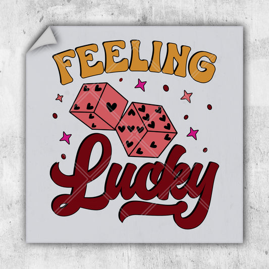 a sticker that says feeling lucky with two dices