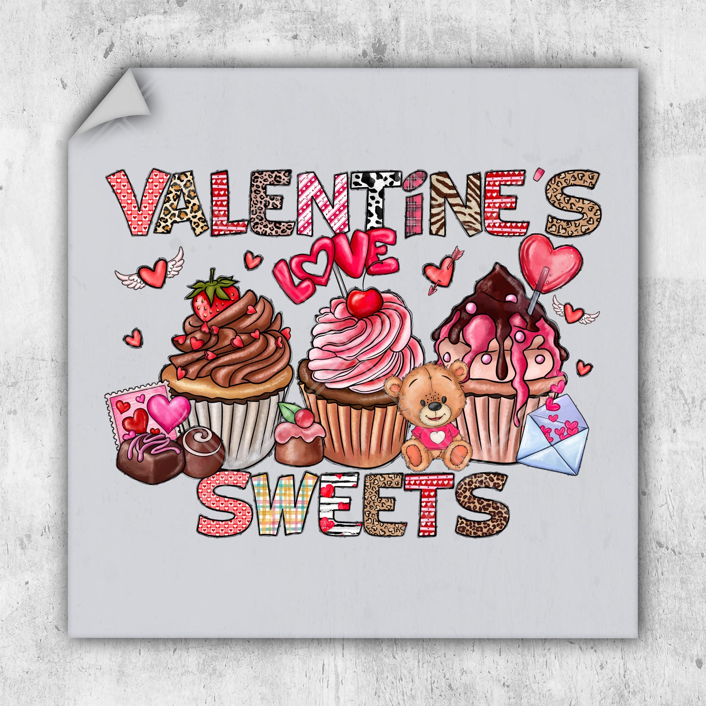 a valentine's card with cupcakes and a teddy bear