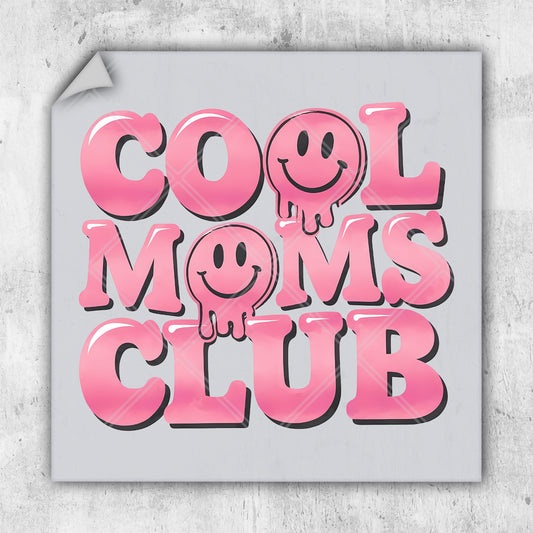 a pink sticker that says cool moms club