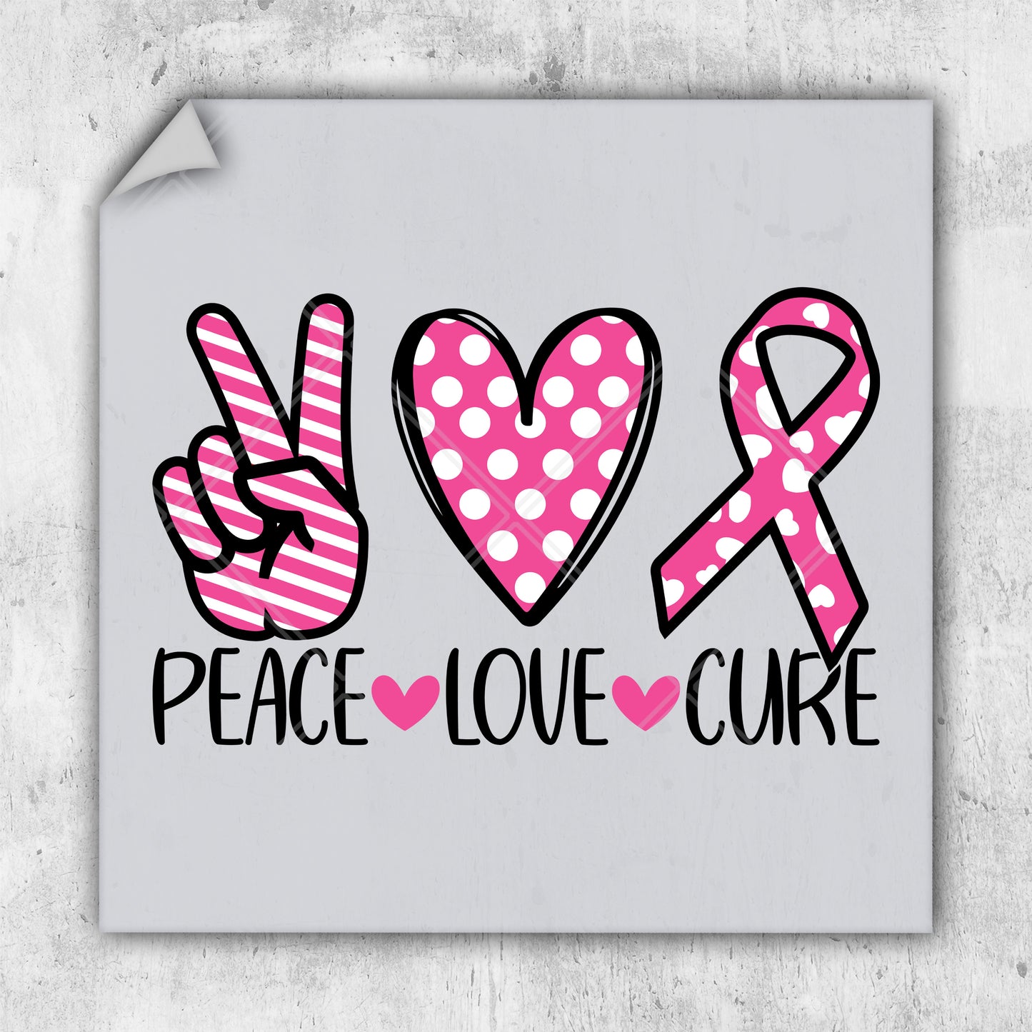 a peace love care sticker with a pink ribbon