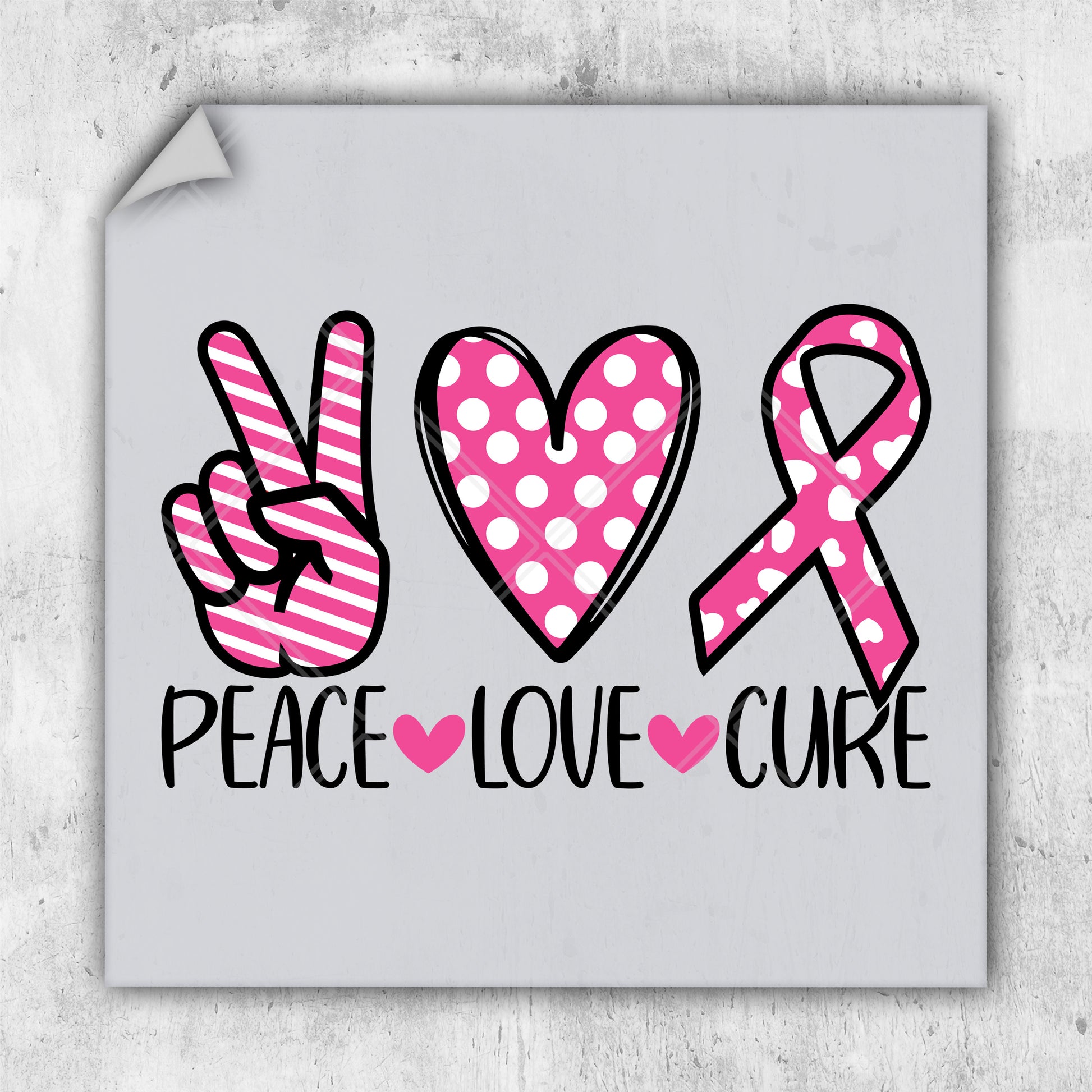 a peace love care sticker with a pink ribbon