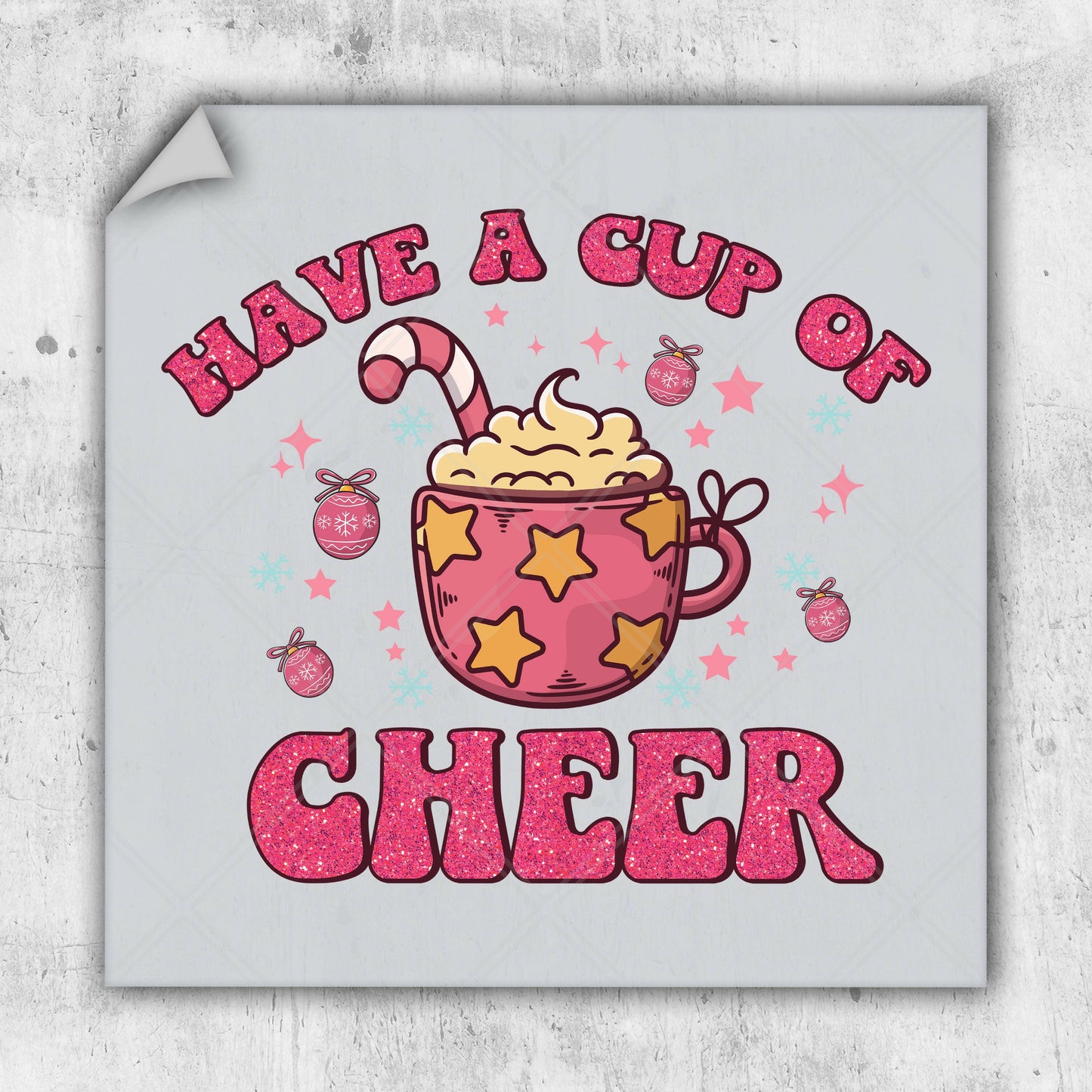 a sticker with a cup of cheer on it