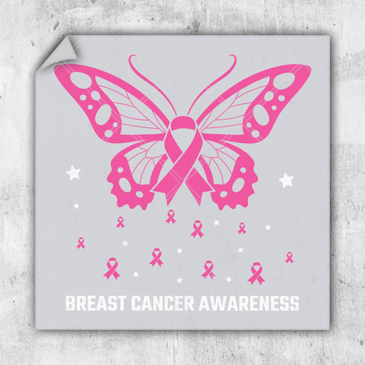 a pink butterfly with breast cancer awareness on it