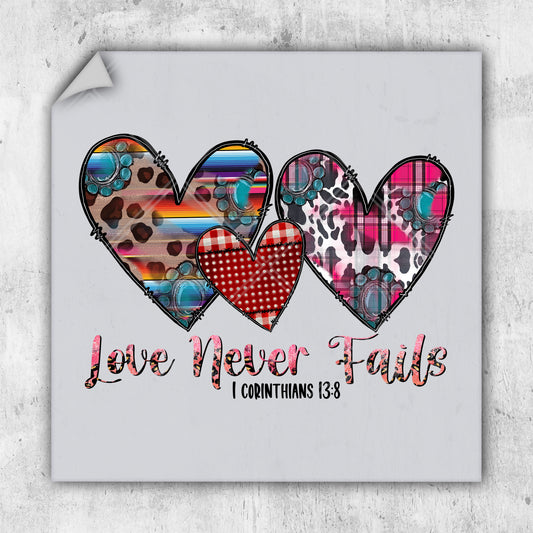 a picture of three hearts with the words love never falls