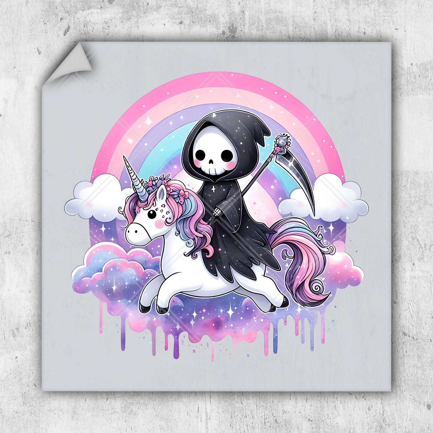 a picture of a skeleton riding a unicorn