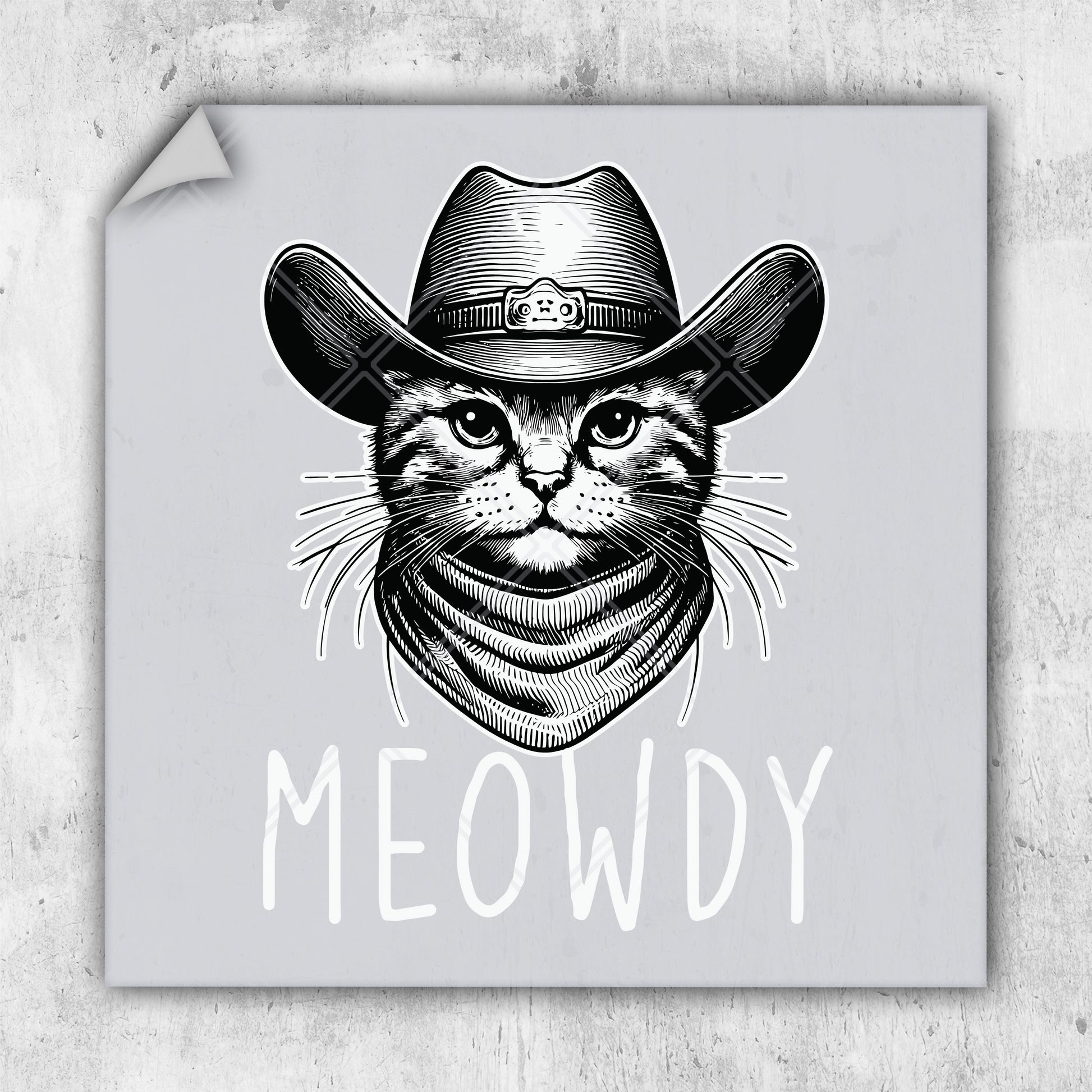 a sticker with a cat wearing a cowboy hat