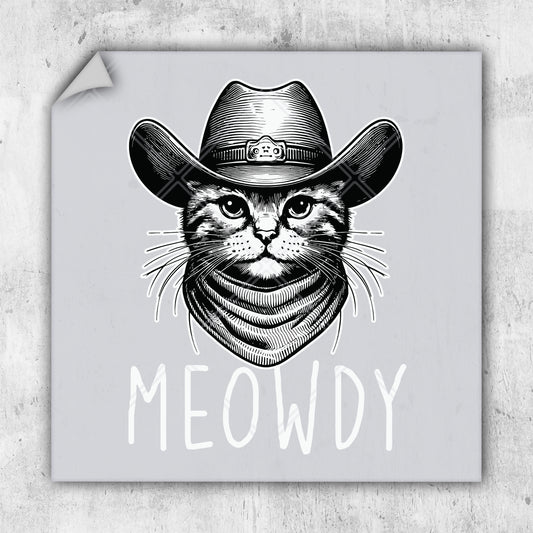 a sticker with a cat wearing a cowboy hat