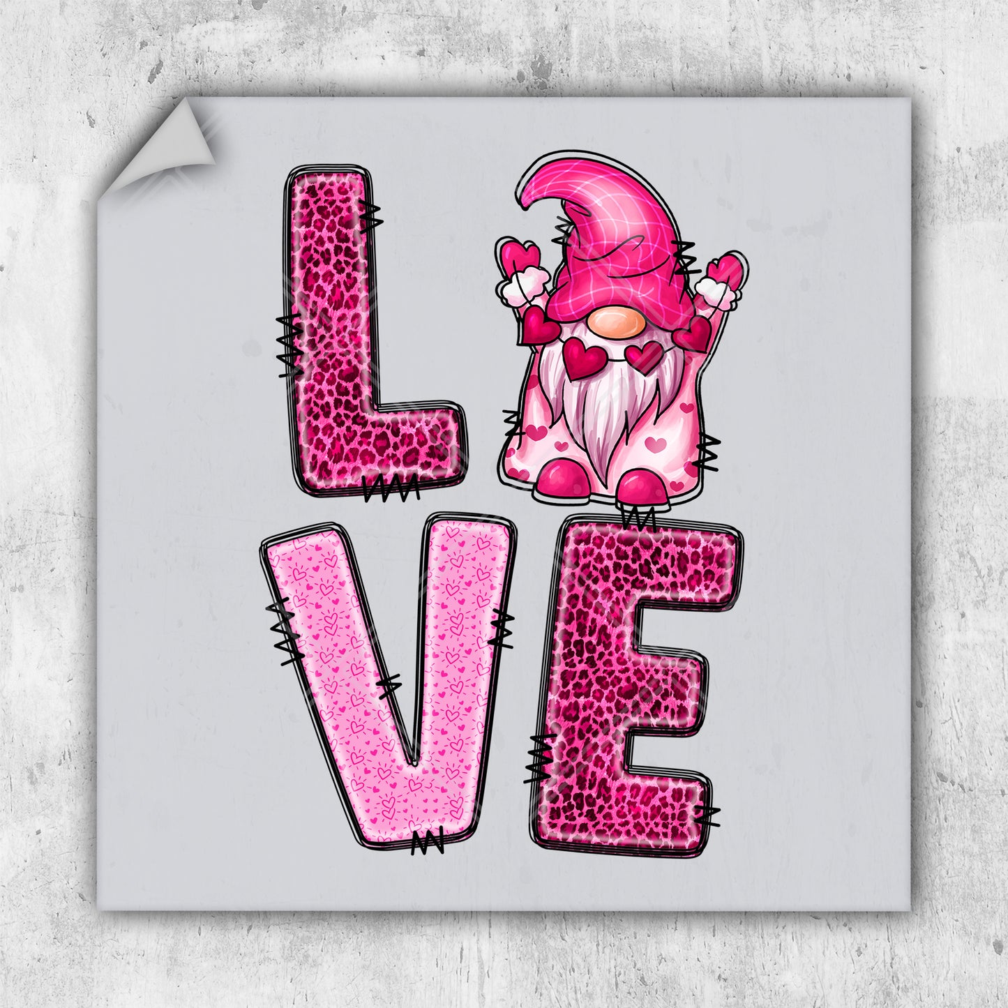 a sticker with the word love with a gnome on it