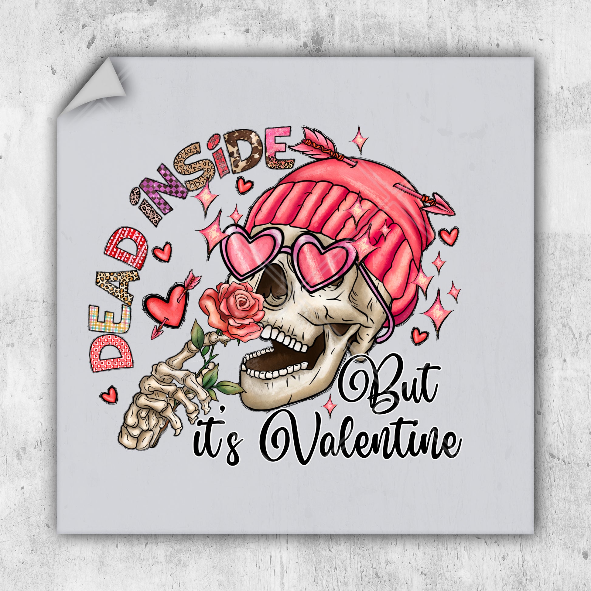 a sticker with a skull wearing a pink hat and sunglasses