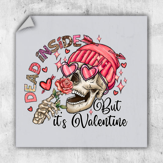 a sticker with a skull wearing a pink hat and sunglasses