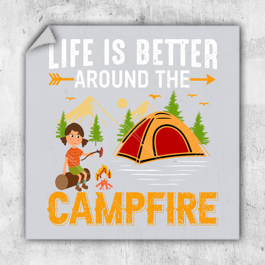 a picture of a girl camping with a tent and campfire