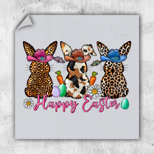 a picture of a happy easter card with three bunnies