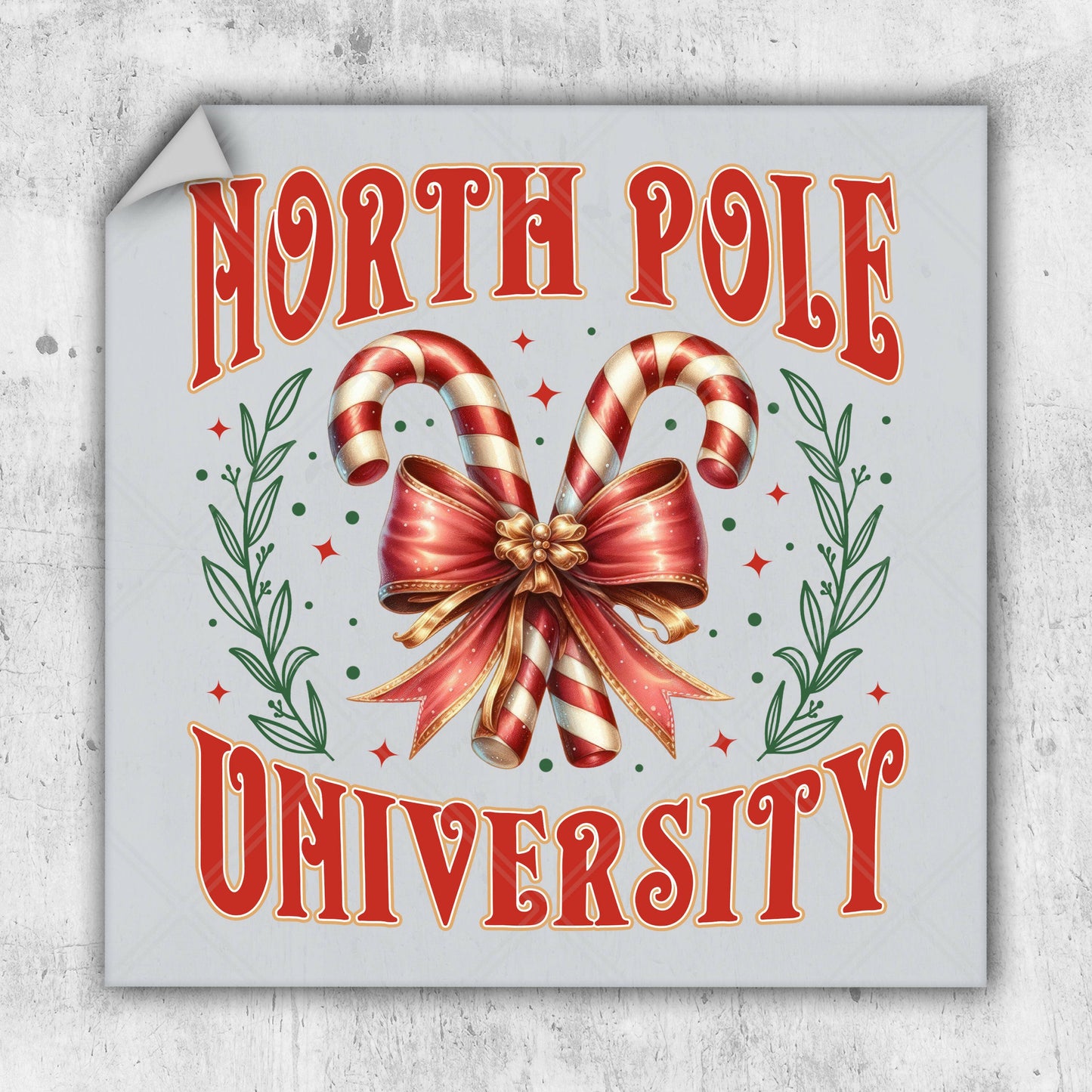 a sticker that says north pole university with a candy cane