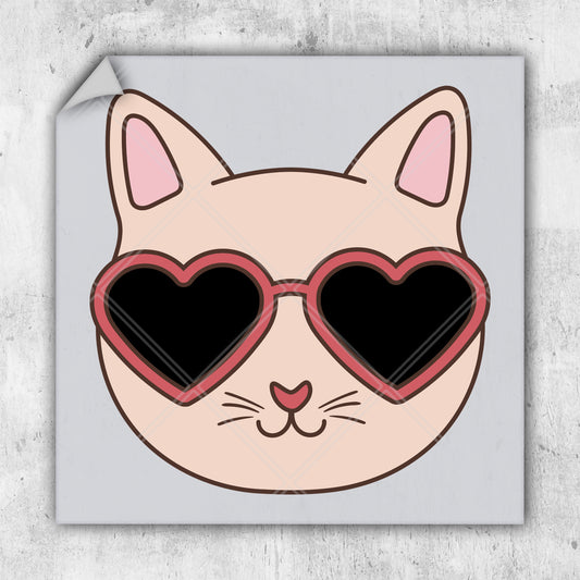 a sticker with a cat wearing heart shaped glasses