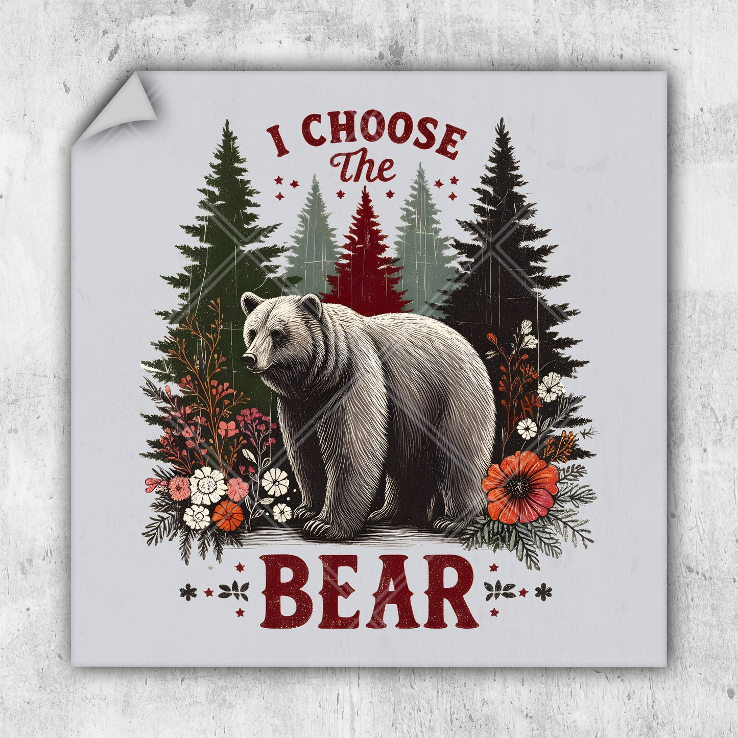 a picture of a bear surrounded by flowers and trees