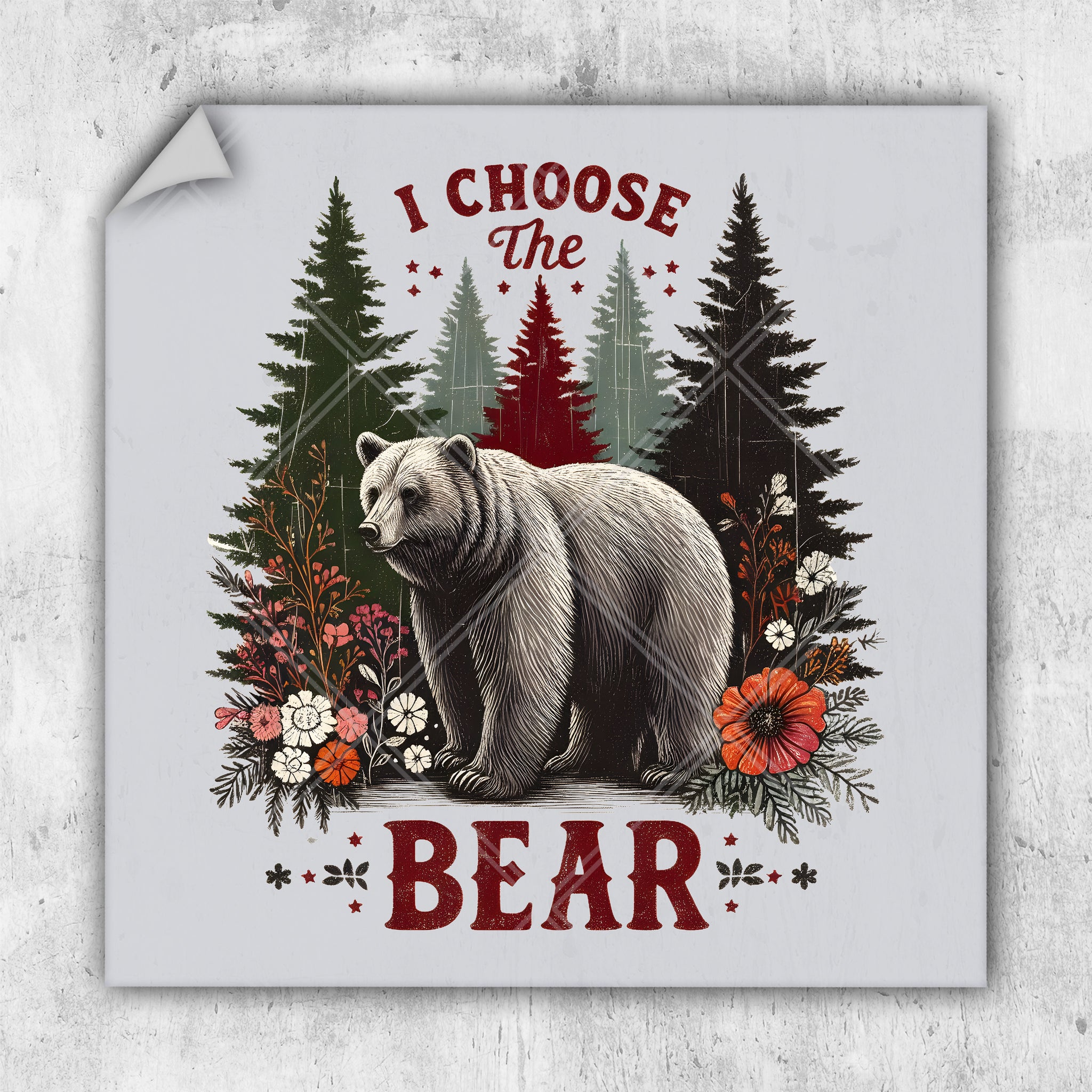 a picture of a bear surrounded by flowers and trees