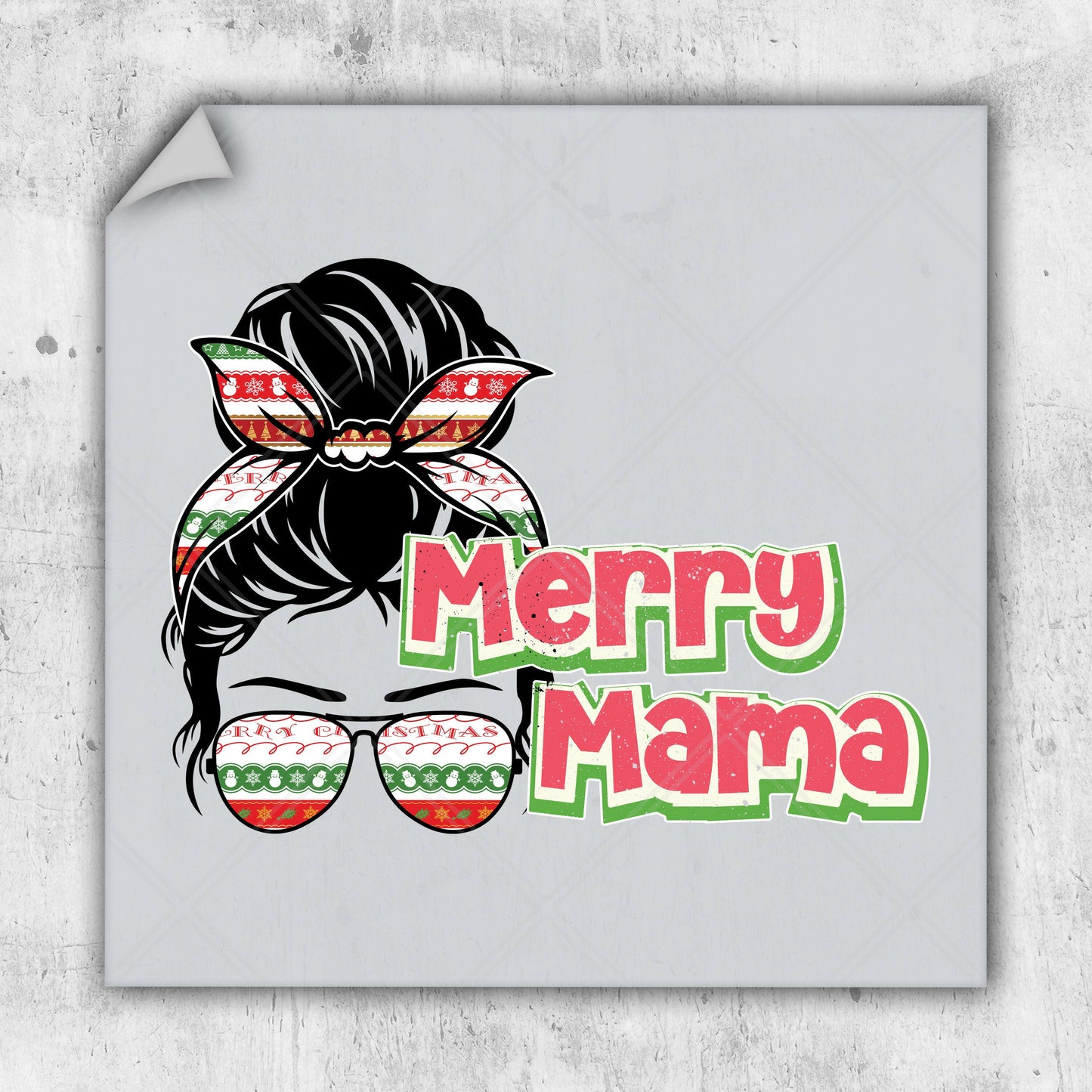 a sticker of a woman wearing sunglasses with the words merry mama on it