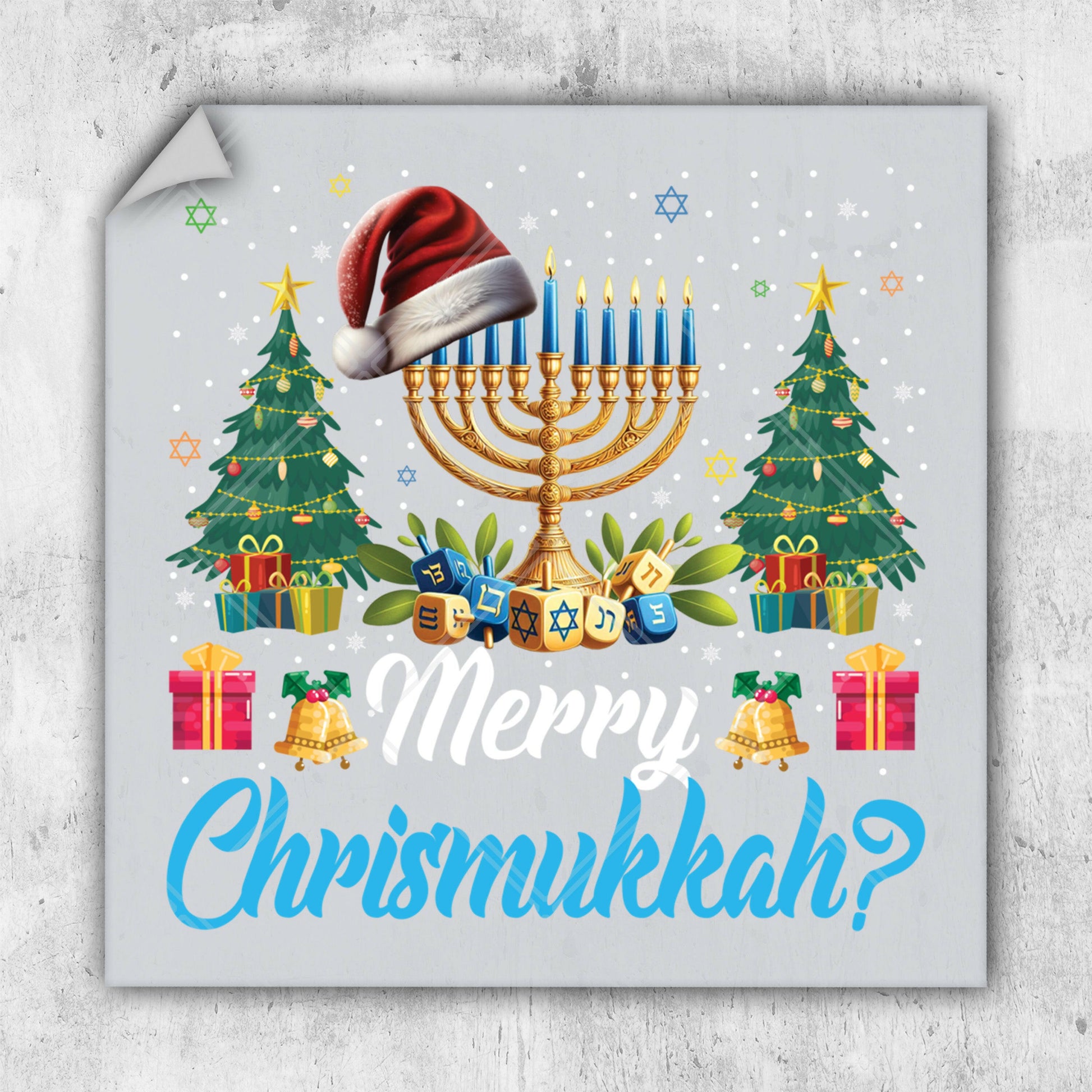 a christmas card with a menorah and gifts