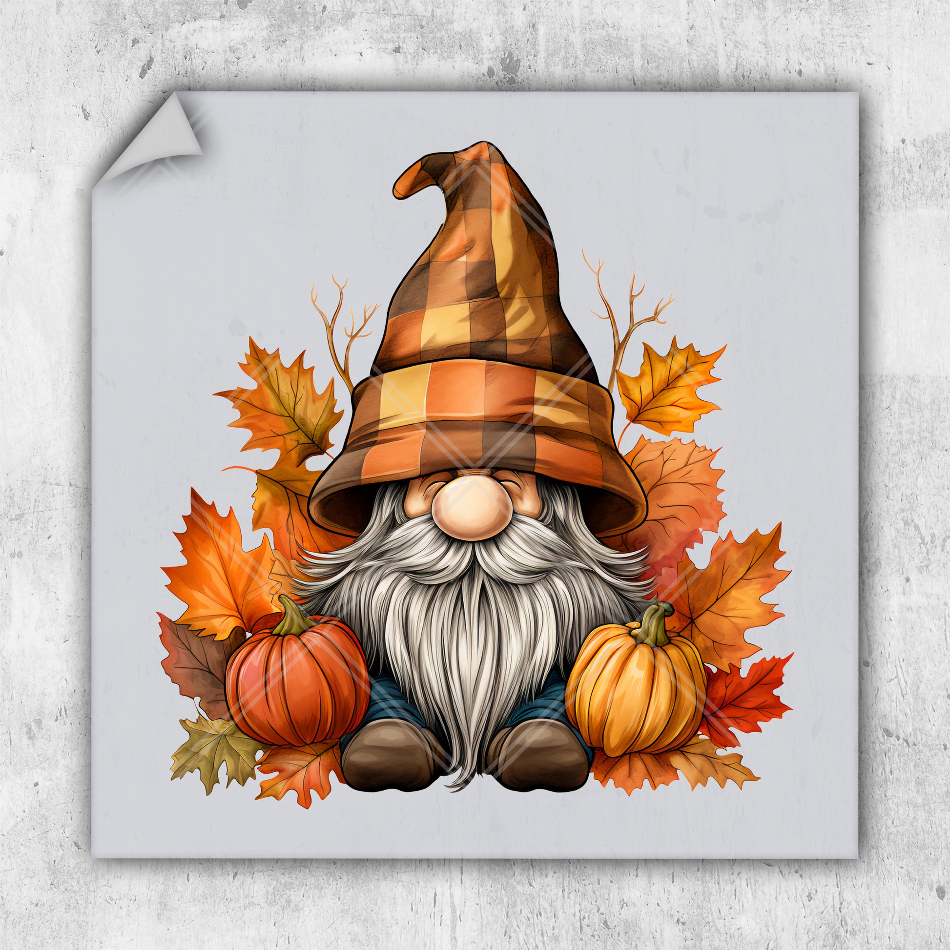 a picture of a gnome with pumpkins and leaves