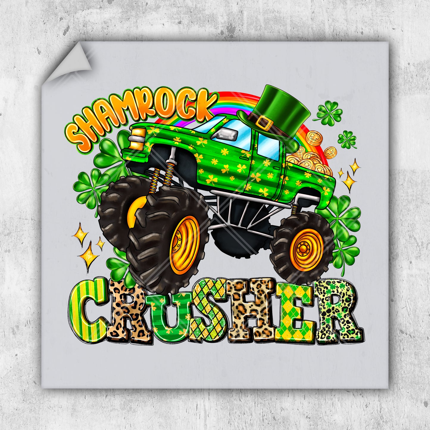 a green monster truck with a leprechaun on it