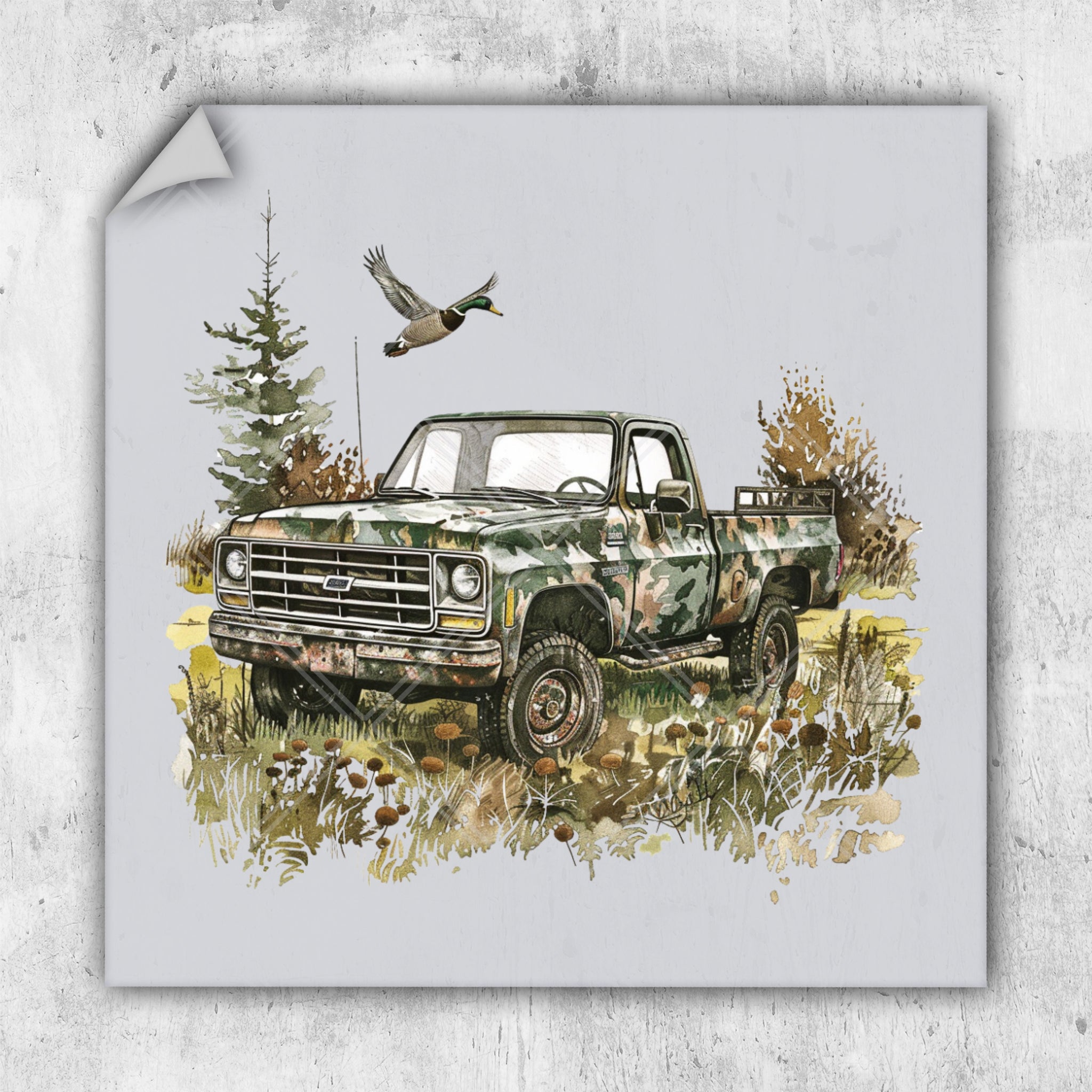 a painting of a truck with a bird flying over it