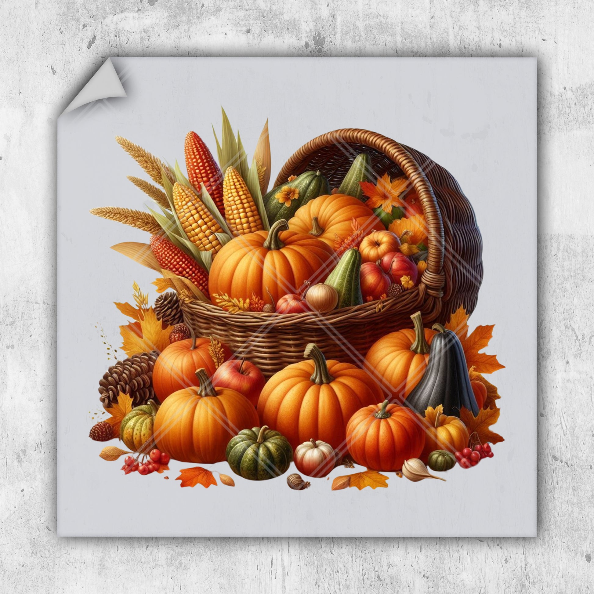 a painting of a basket full of pumpkins and corn