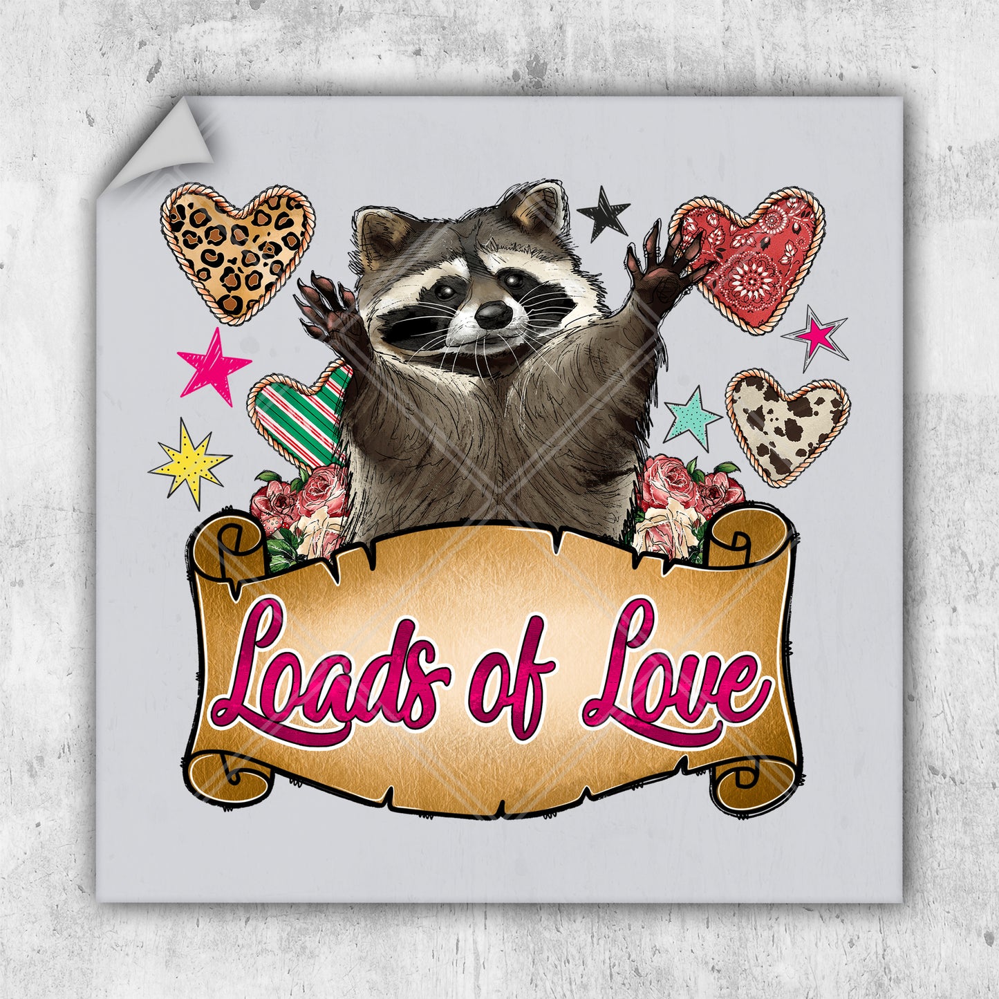 a raccoon holding a sign with hearts and stars around it