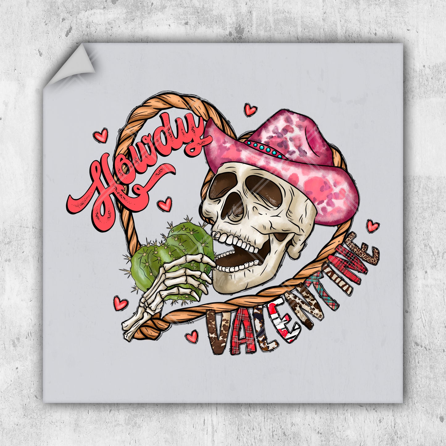 a skull wearing a pink hat holding a green leaf