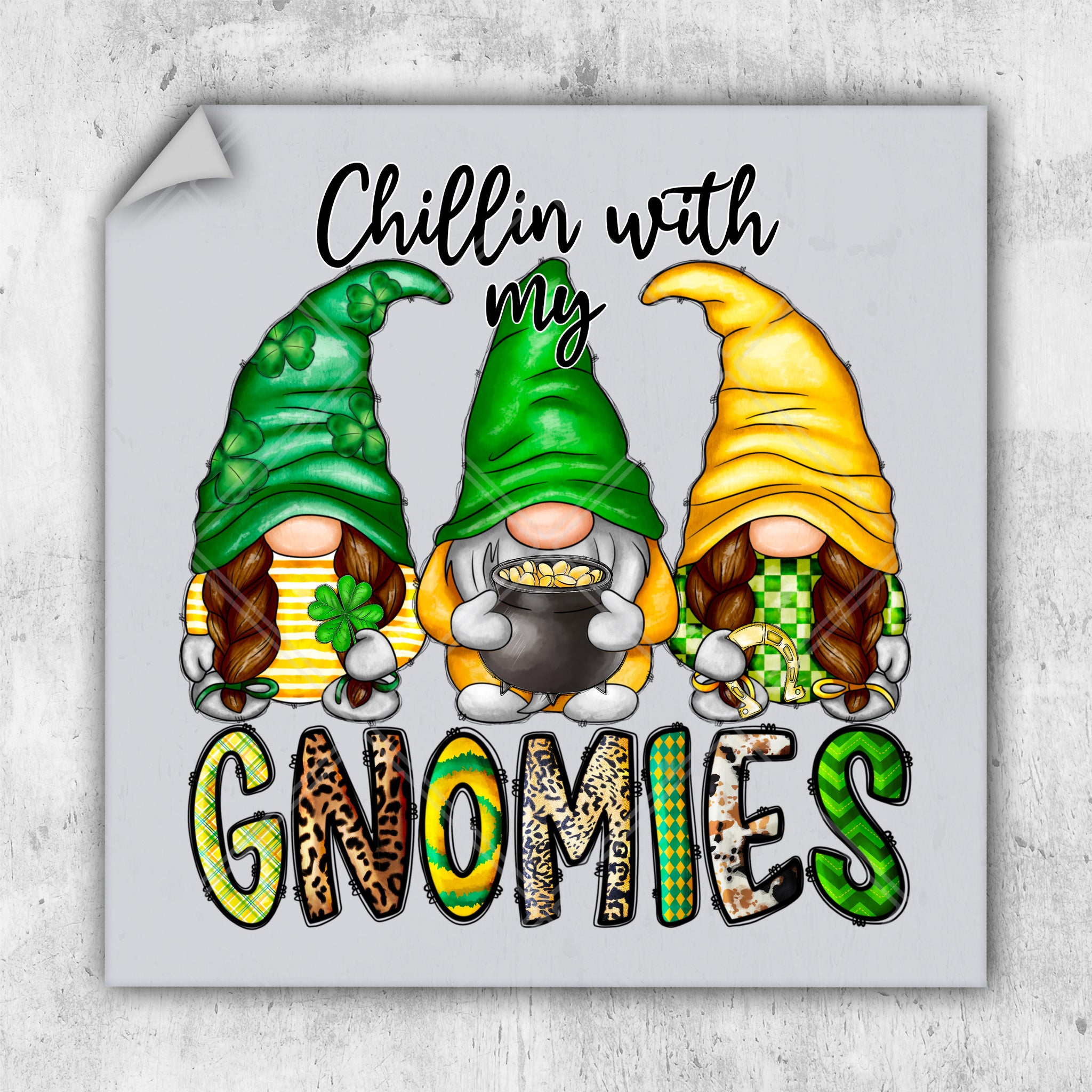 three gnomes with green hats and a pot of gold