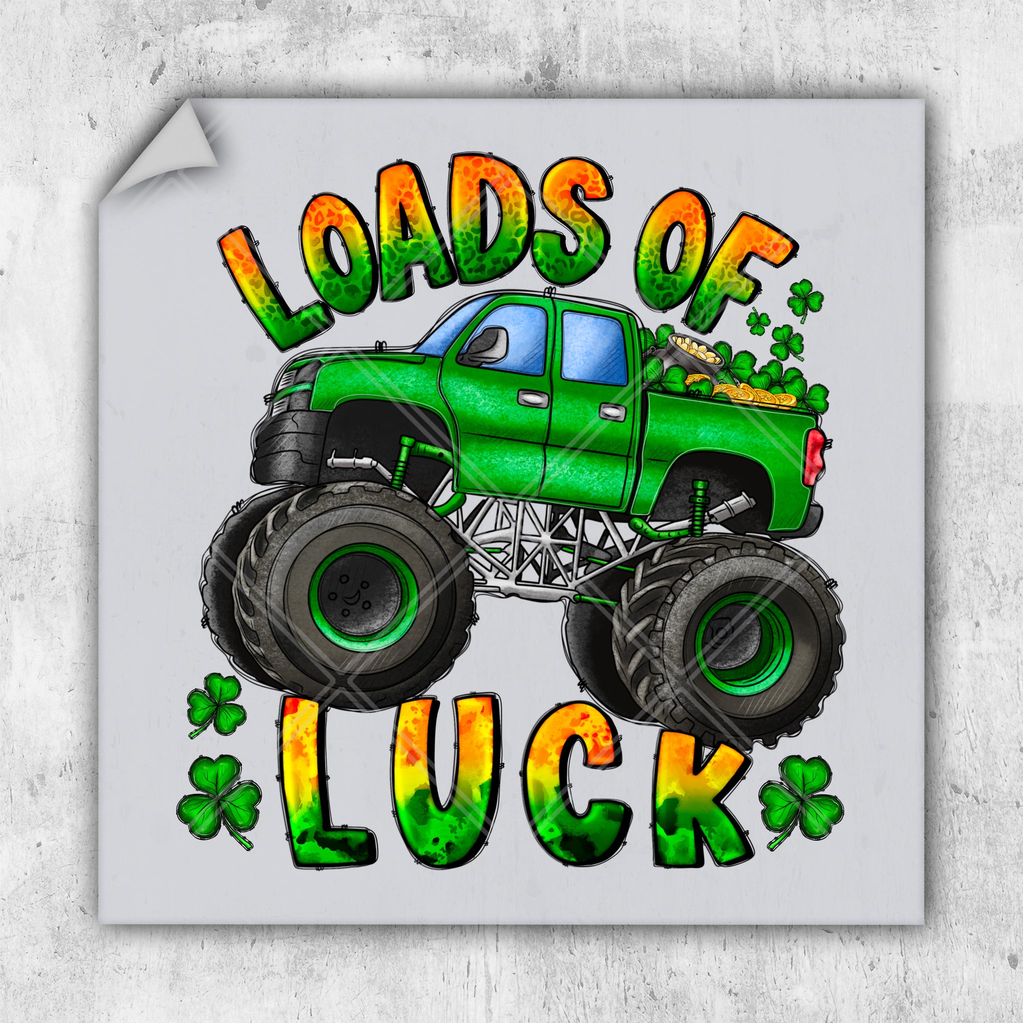 a green monster truck driving down a street