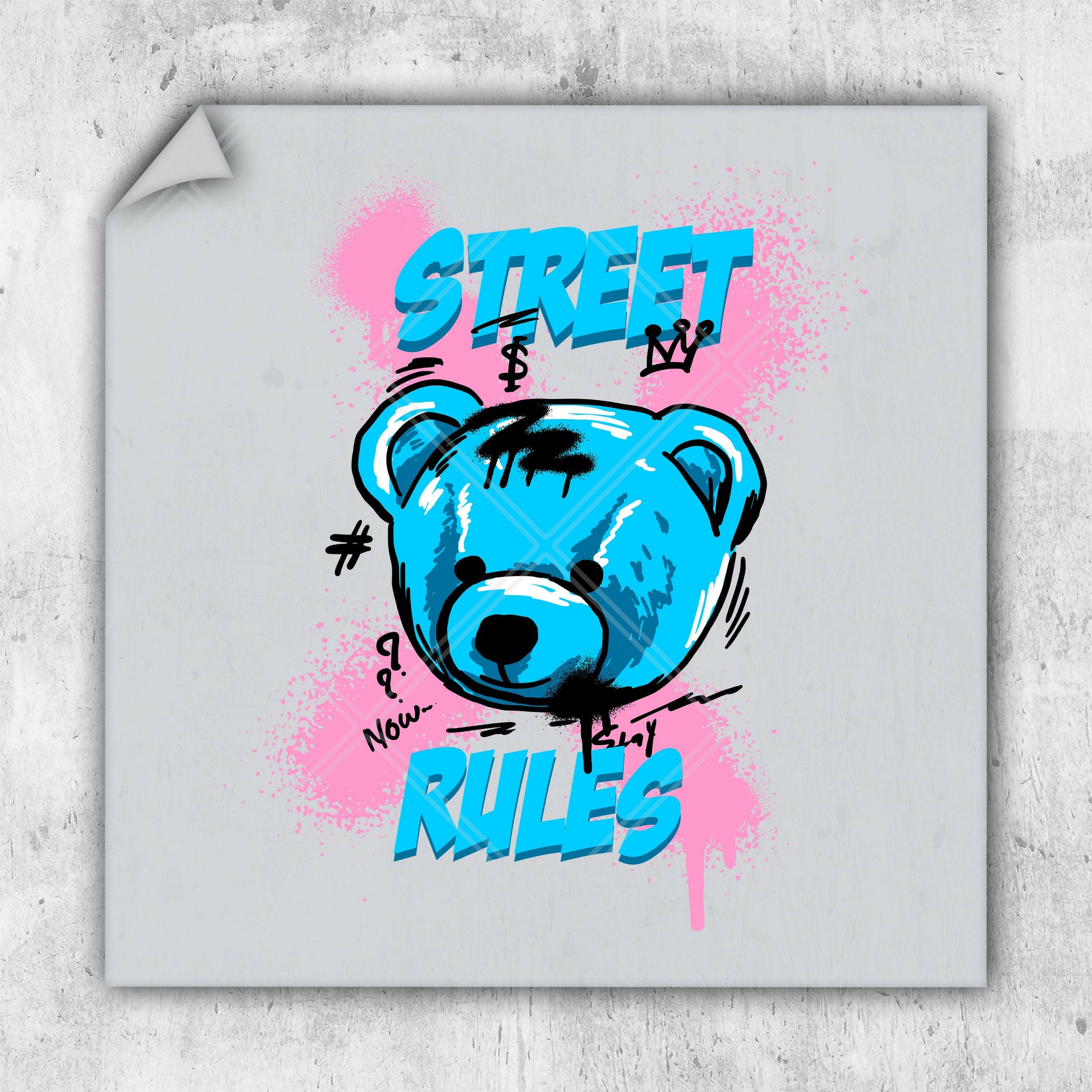 a sticker of a blue teddy bear with the words street rules on it