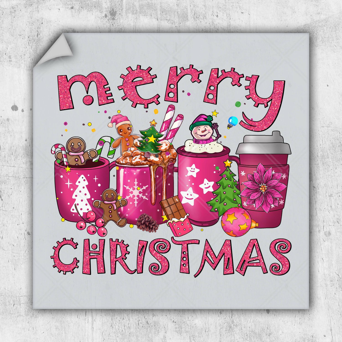 a merry christmas card with a pink background