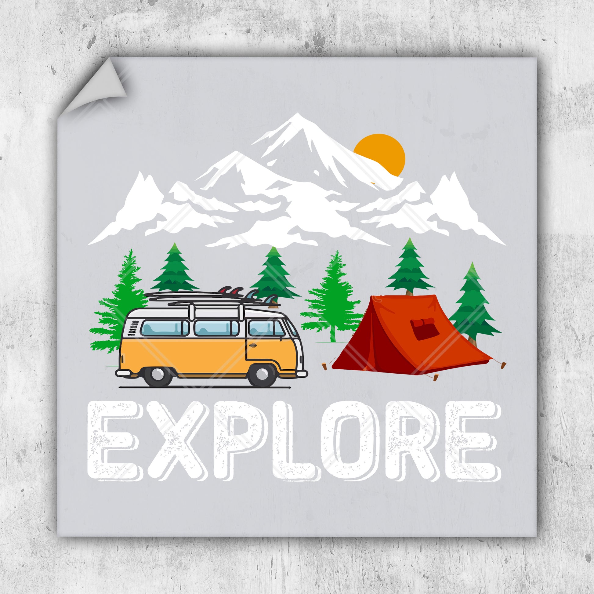 a camper van parked in front of a tent with the words explore on it